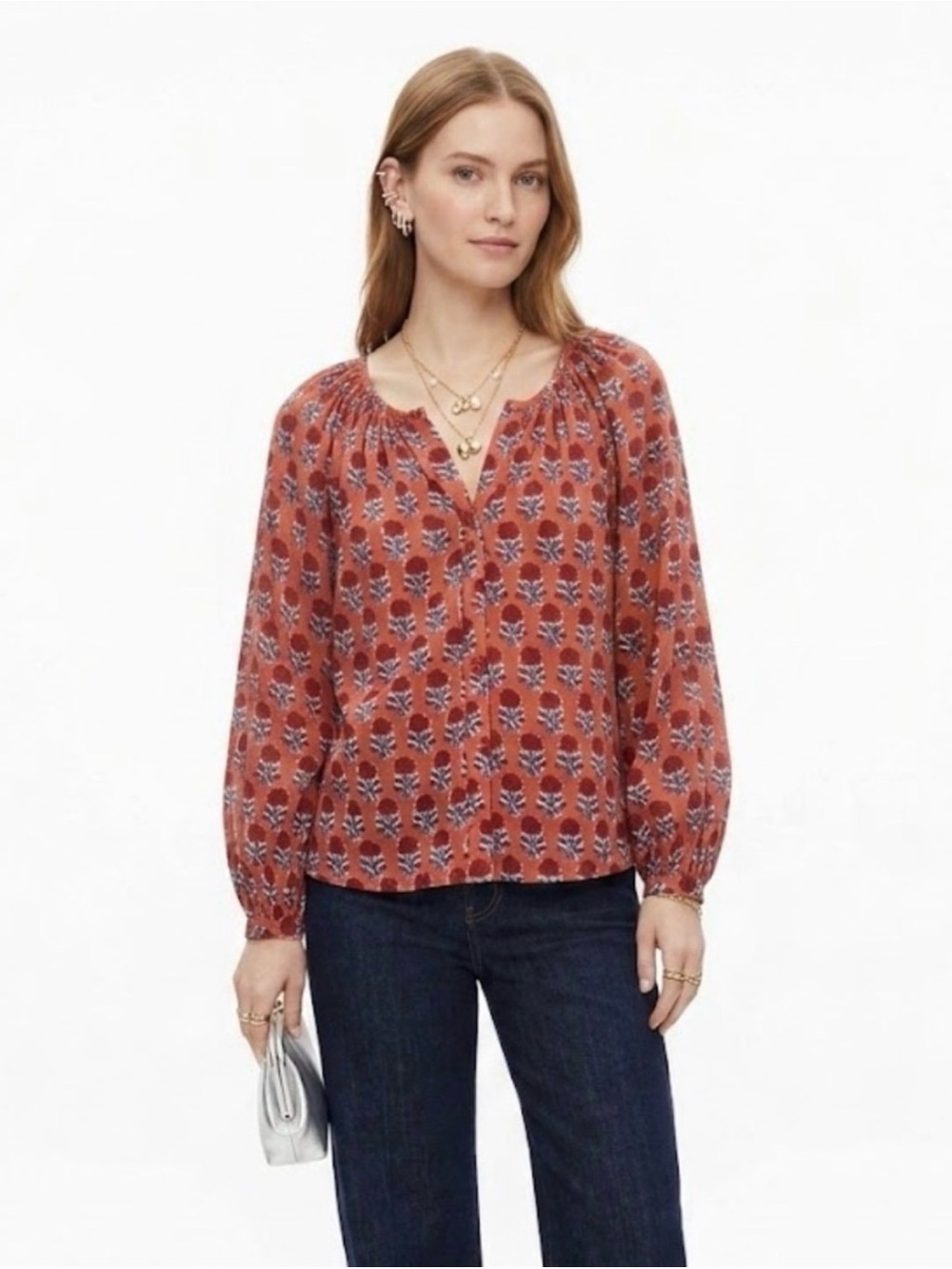 Emerson Fry India Collection Floral Block Print Boho Blouse Small